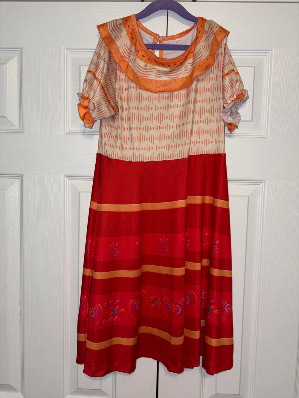 Girls Red/Orange/Beige Striped A-Line Midi Dress Ruffle Round Neck Sz 160